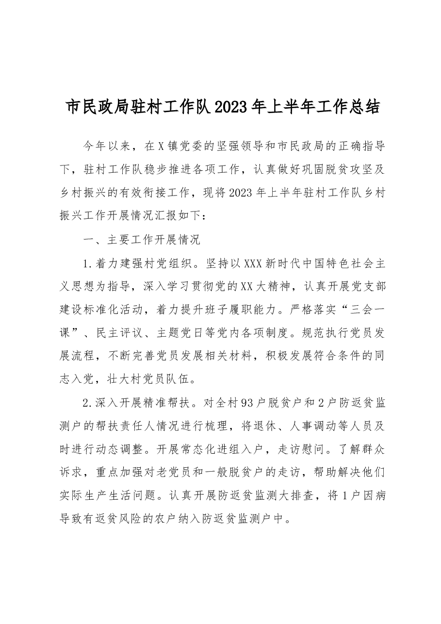 市民政局驻村工作队2023年上半年工作总结.docx,第1页预览