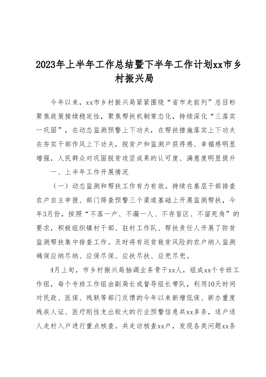 2023年上半年工作总结暨下半年工作计划 xx市乡村振兴局.docx,第1页预览