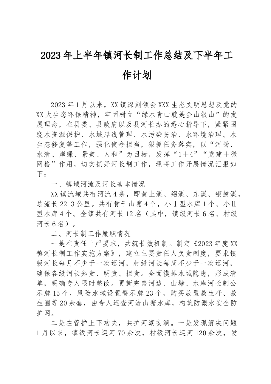2023年上半年镇河长制工作总结及下半年工作计划.docx，第1页预览