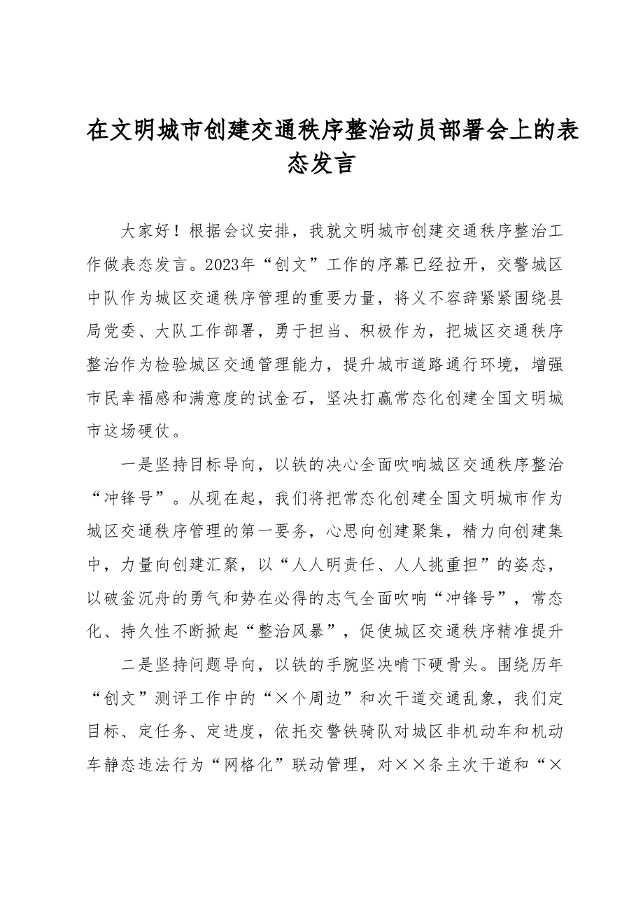 在文明城市创建交通秩序整治动员部署会上的表态发言.docx,第1页预览