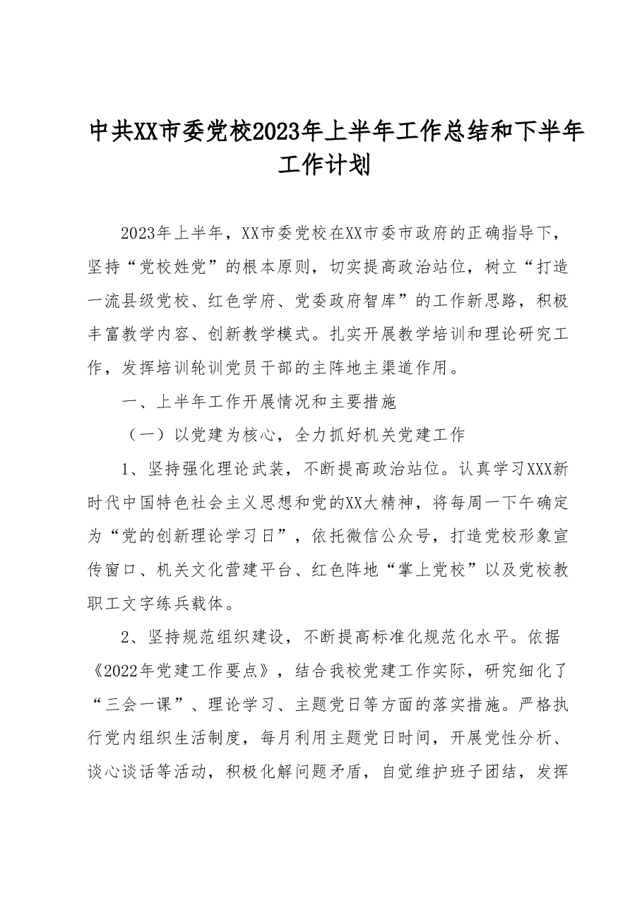 中共XX市委党校2023年上半年工作总结和下半年工作计划.docx,第1页预览