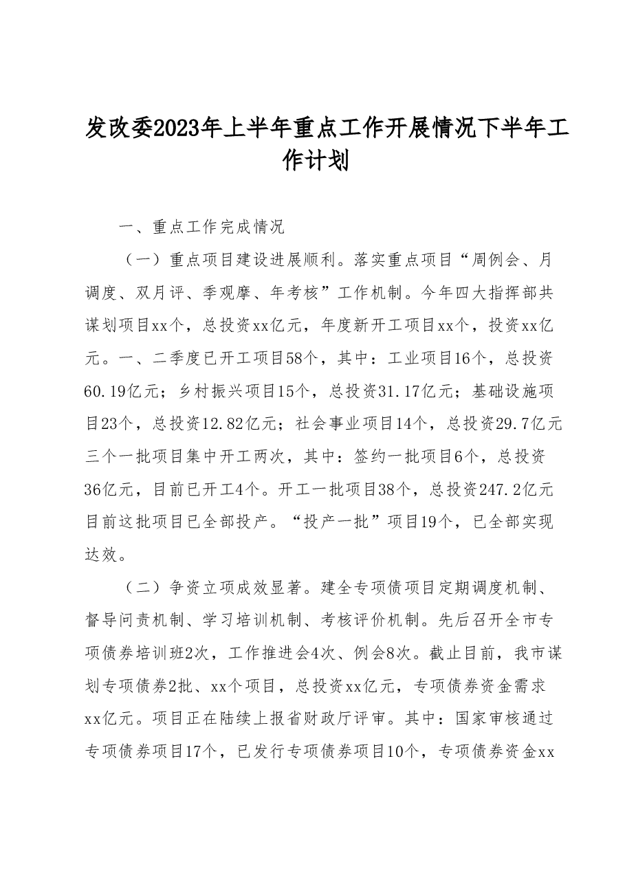 发改委2023年上半年重点工作开展情况 下半年工作计划.docx，第1页预览