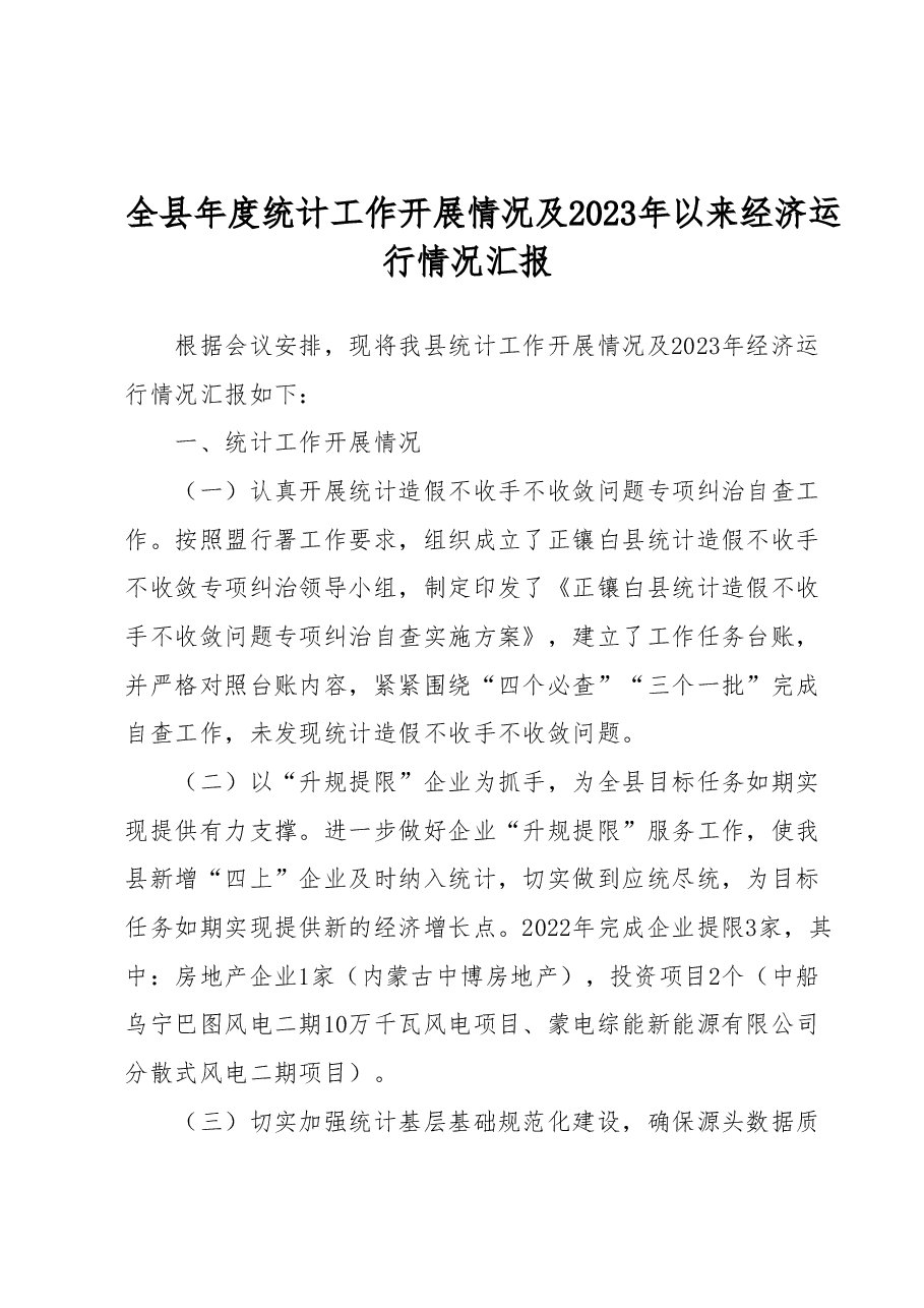 全县年度统计工作开展情况及2023年以来经济运行情况汇报.docx,第1页预览