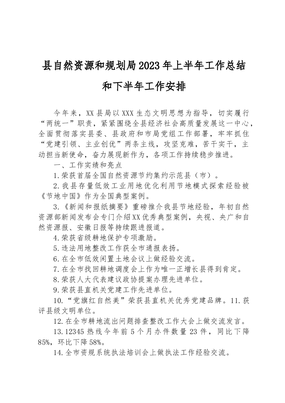 县自然资源和规划局2023年上半年工作总结和下半年工作安排.docx,第1页预览