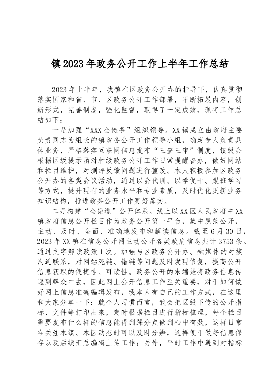 镇2023年政务公开工作上半年工作总结.docx,第1页预览