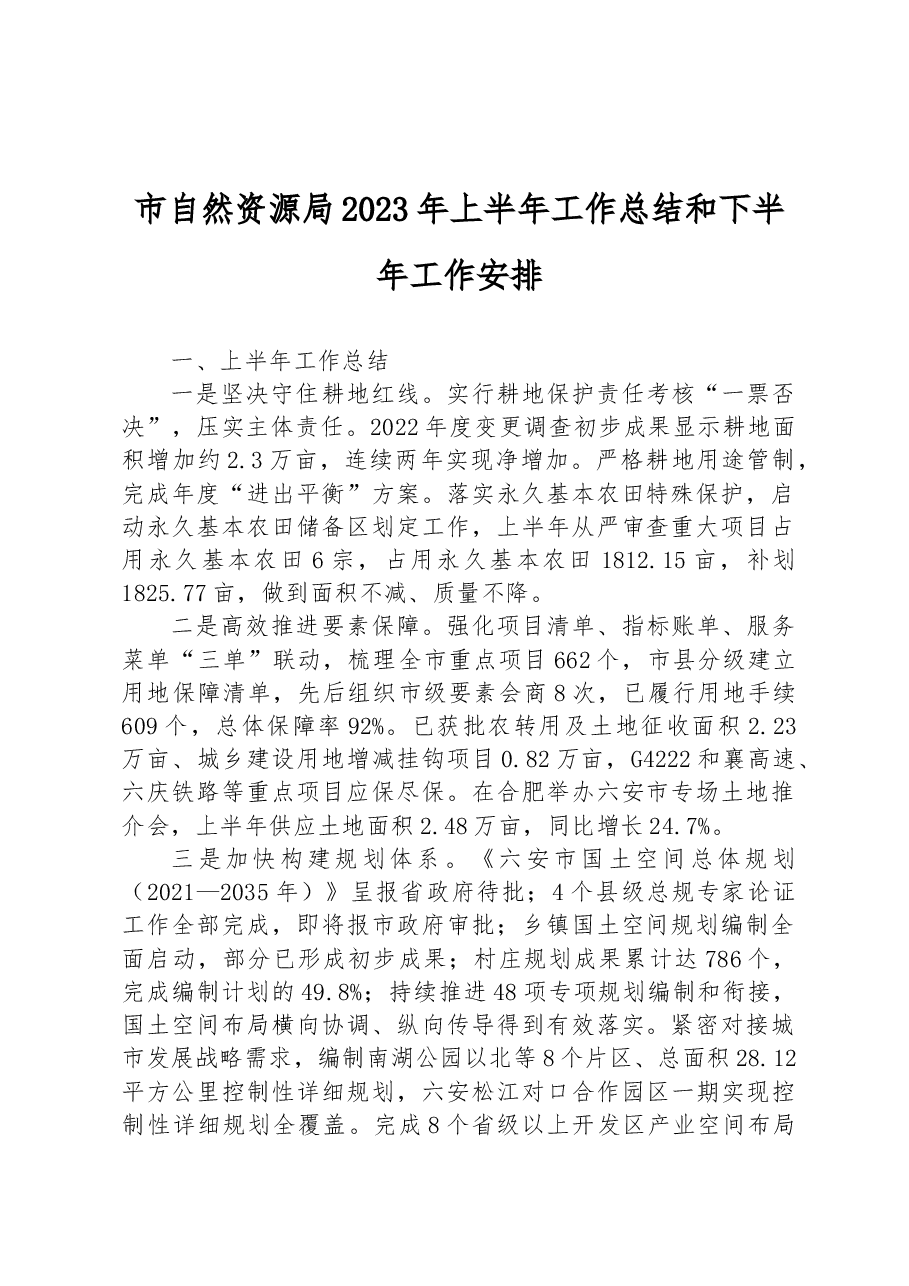 市自然资源局2023年上半年工作总结和下半年工作安排.docx,第1页预览