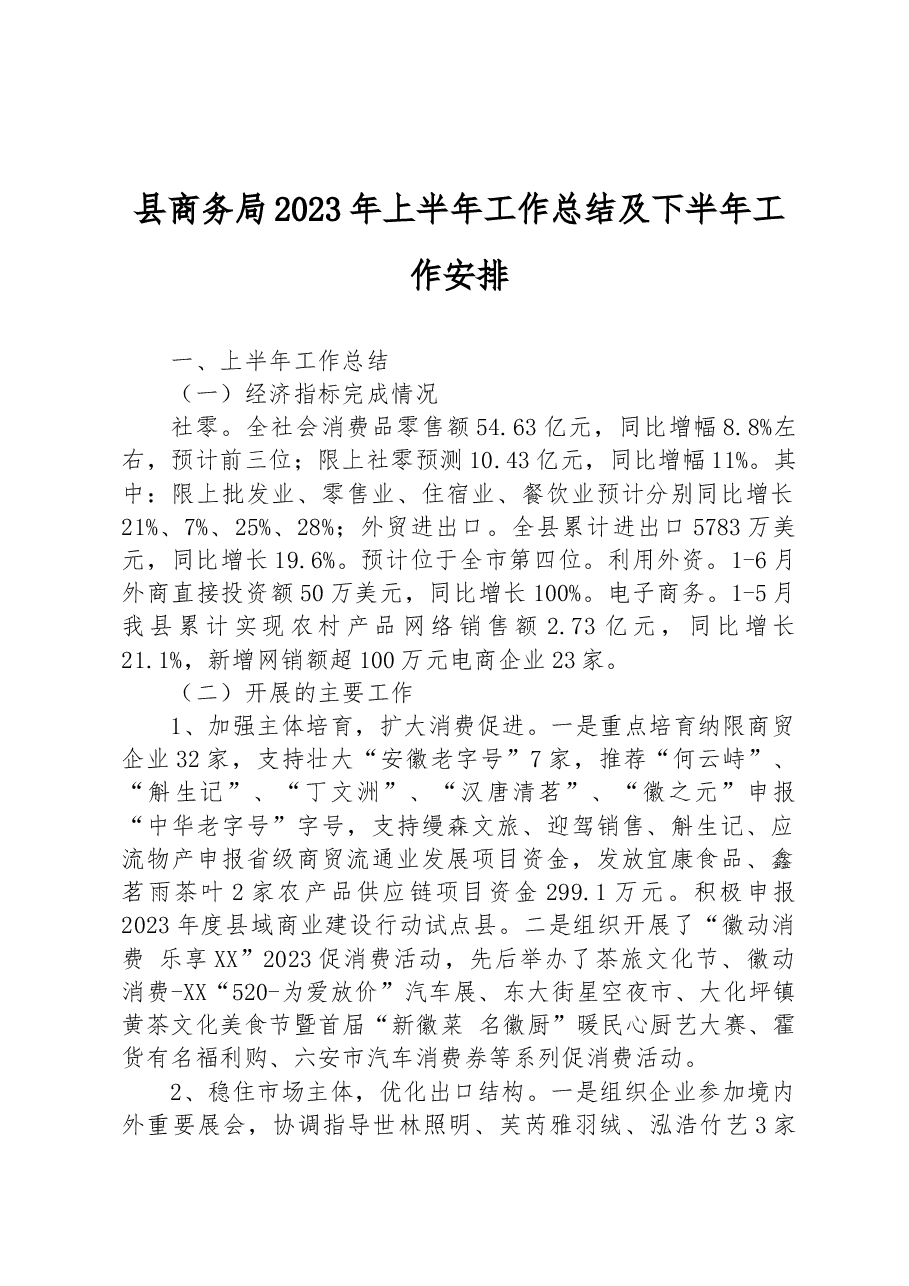 县商务局2023年上半年工作总结及下半年工作安排.docx,第1页预览