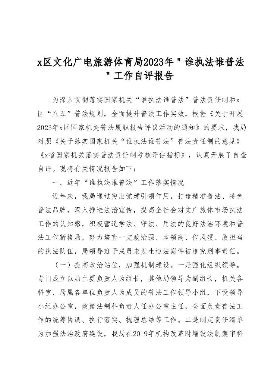 x区文化广电旅游体育局2023年"谁执法谁普法"工作自评报告.docx,第1页预览