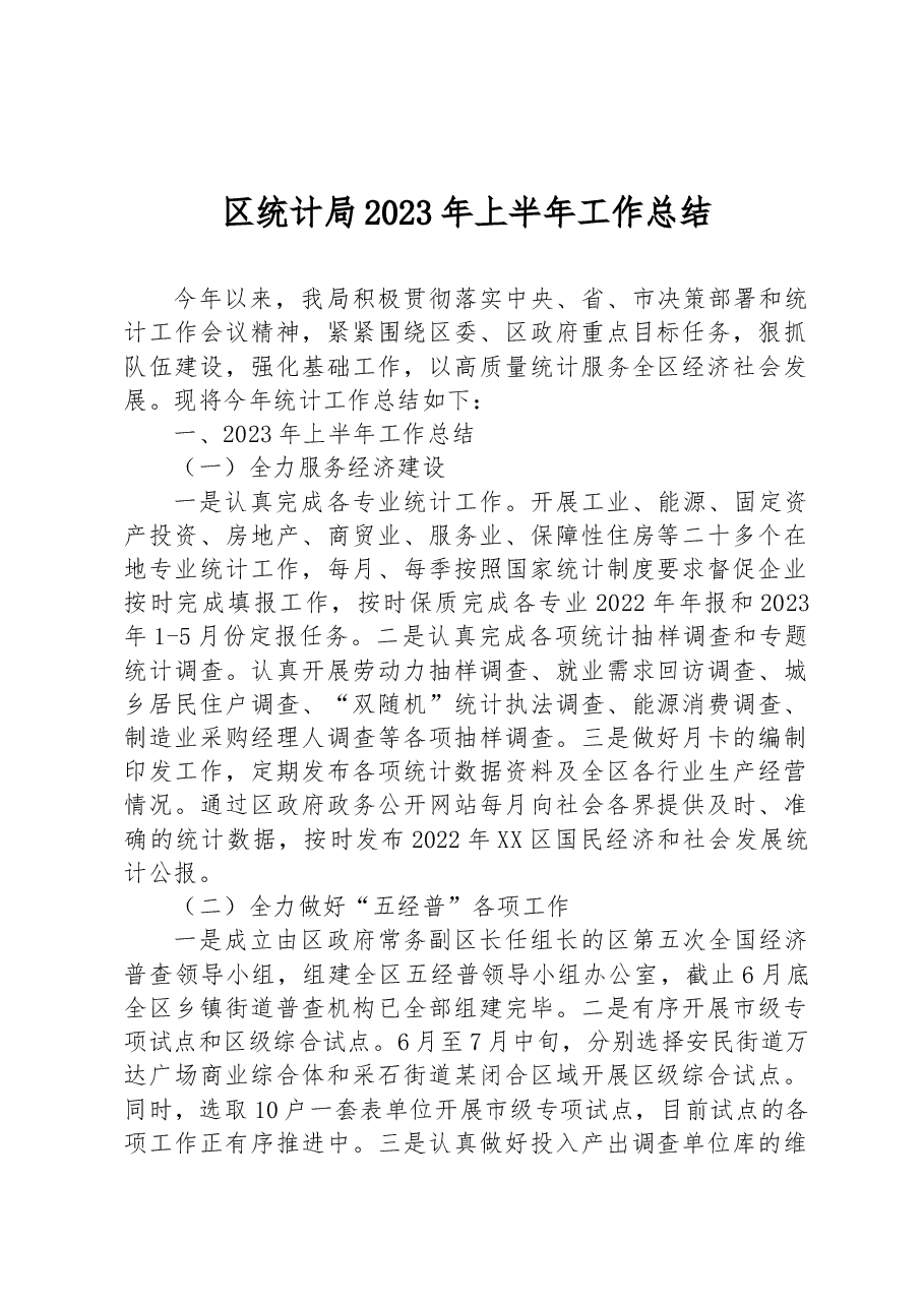 区统计局2023年上半年工作总结.docx,第1页预览