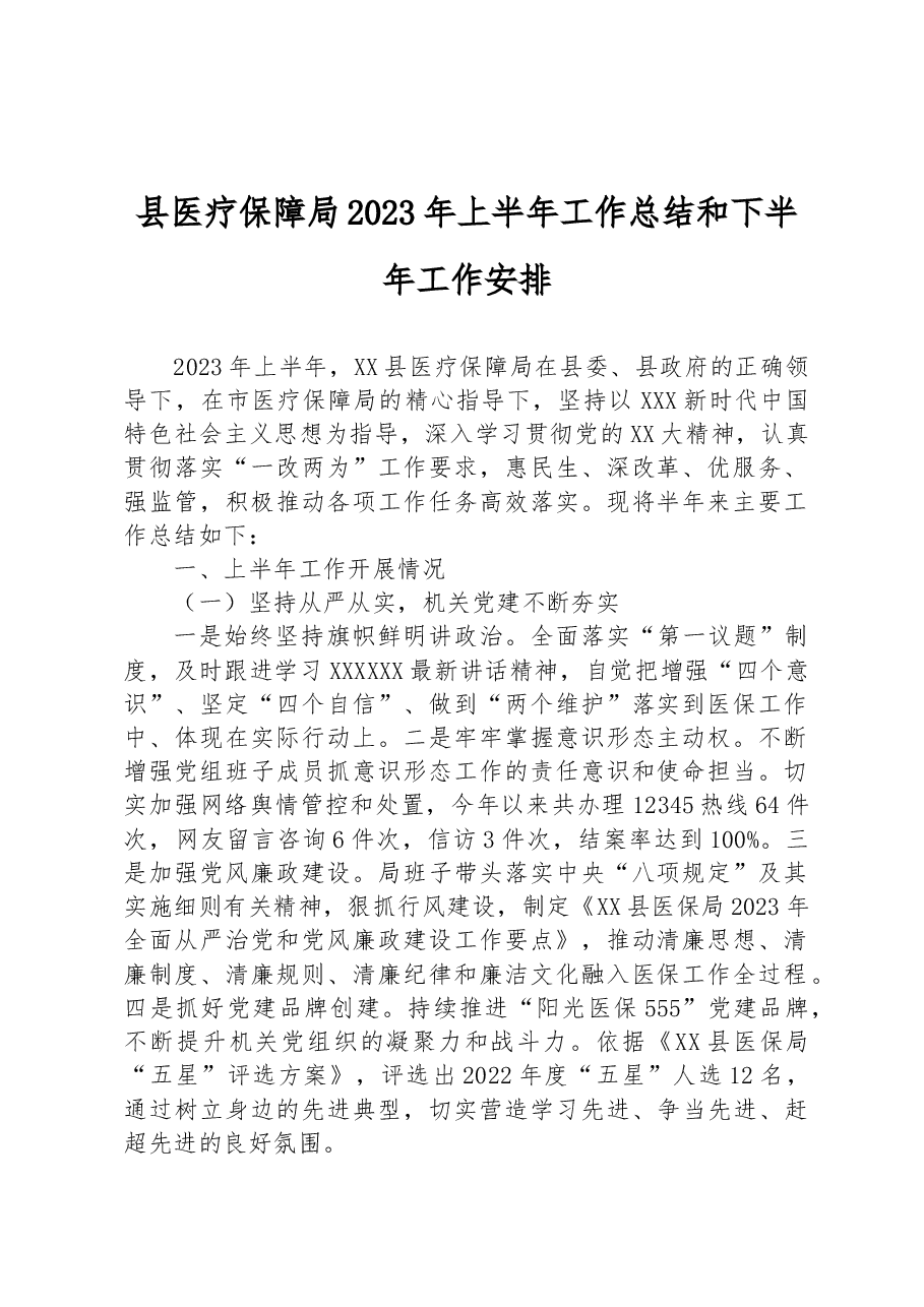 县医疗保障局2023年上半年工作总结和下半年工作安排.docx,第1页预览