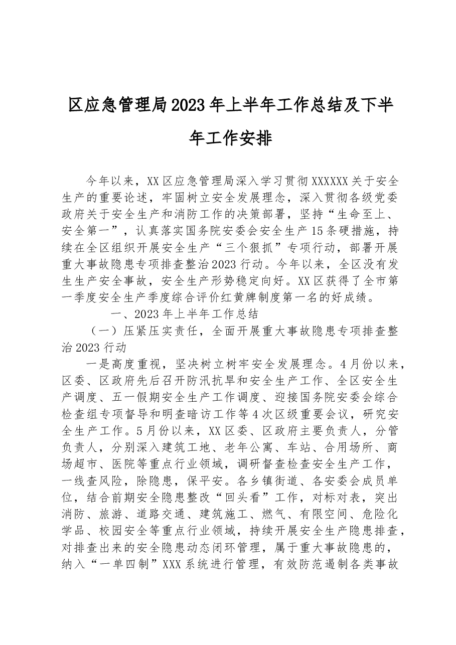 区应急管理局2023年上半年工作总结及下半年工作安排.docx,第1页预览