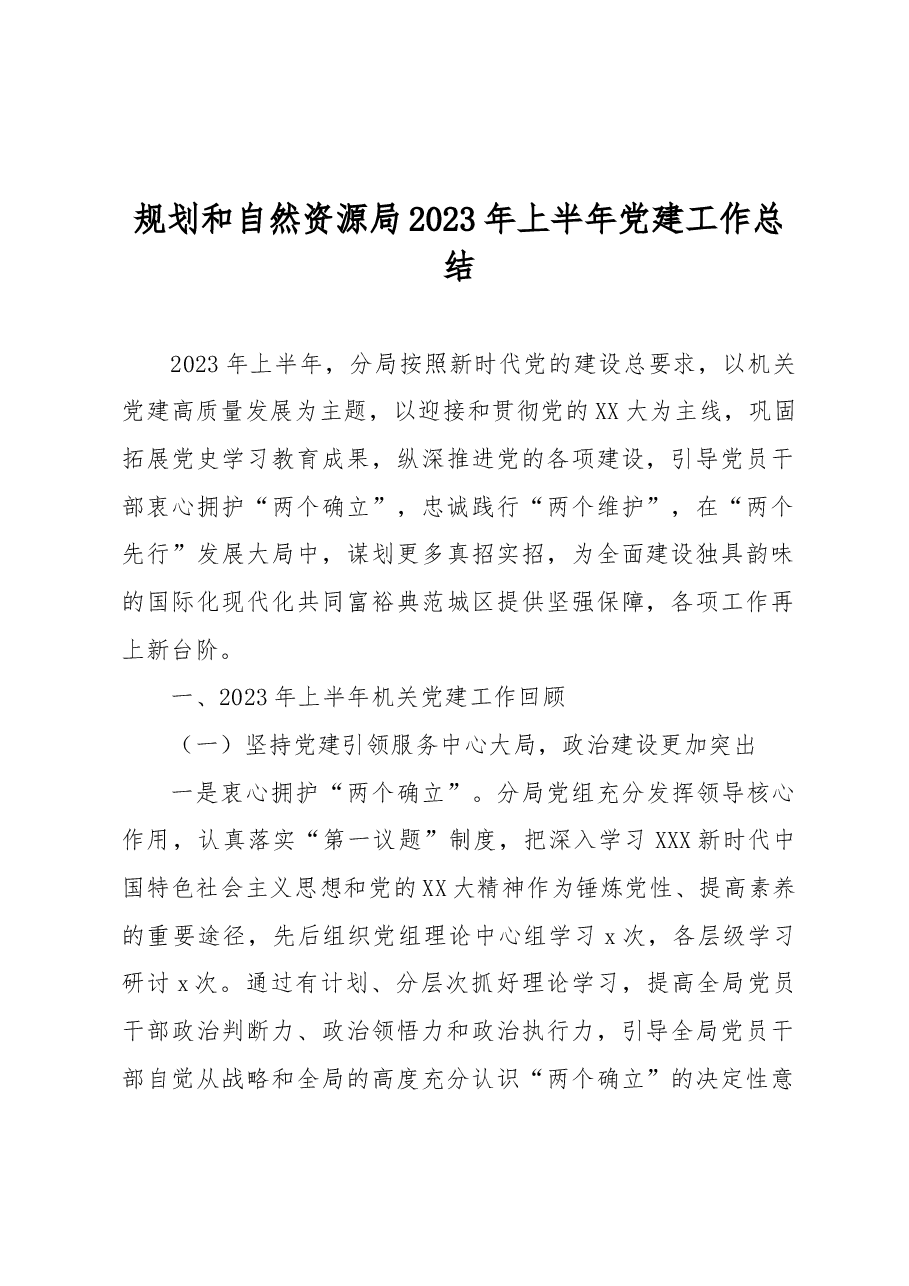 规划和自然资源局2023年上半年党建工作总结.docx,第1页预览