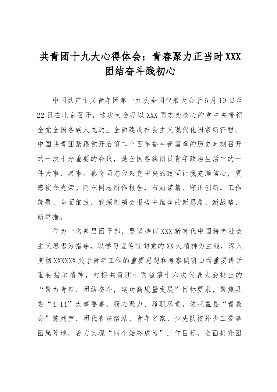 共青团十九大心得体会:青春聚力正当时 团结奋斗践初心.docx,第1页预览