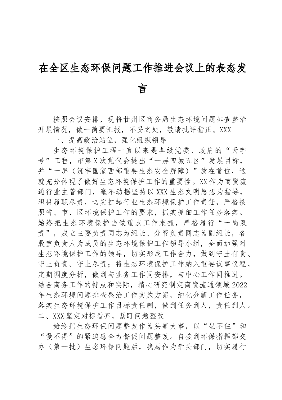 在全区生态环保问题工作推进会议上的表态发言.docx,第1页预览