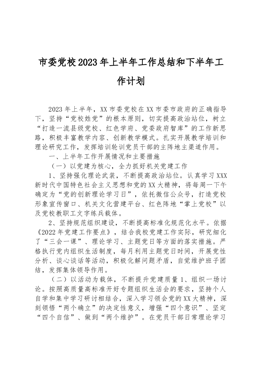 市委党校2023年上半年工作总结和下半年工作计划.docx,第1页预览