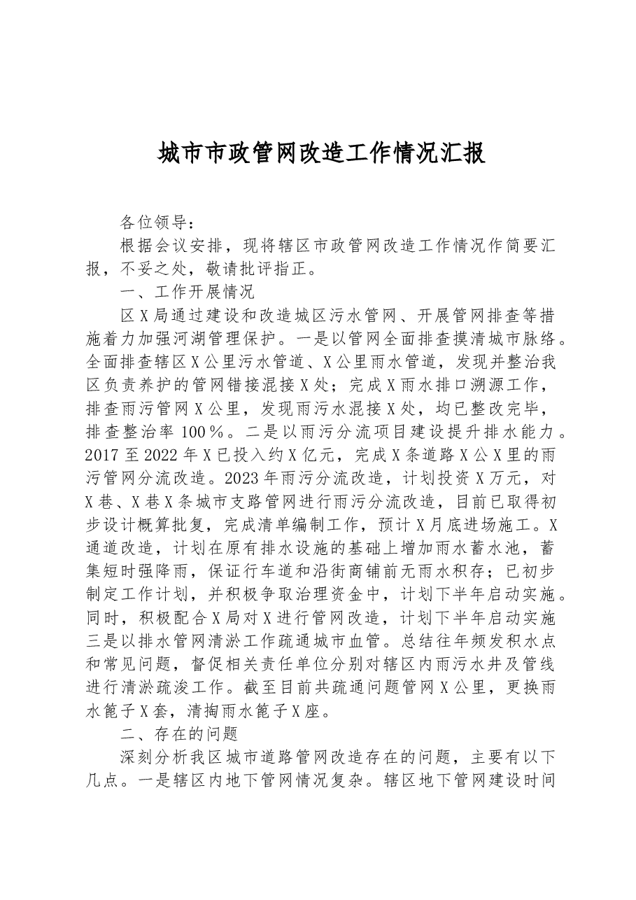 城市市政管网改造工作情况汇报.docx,第1页预览