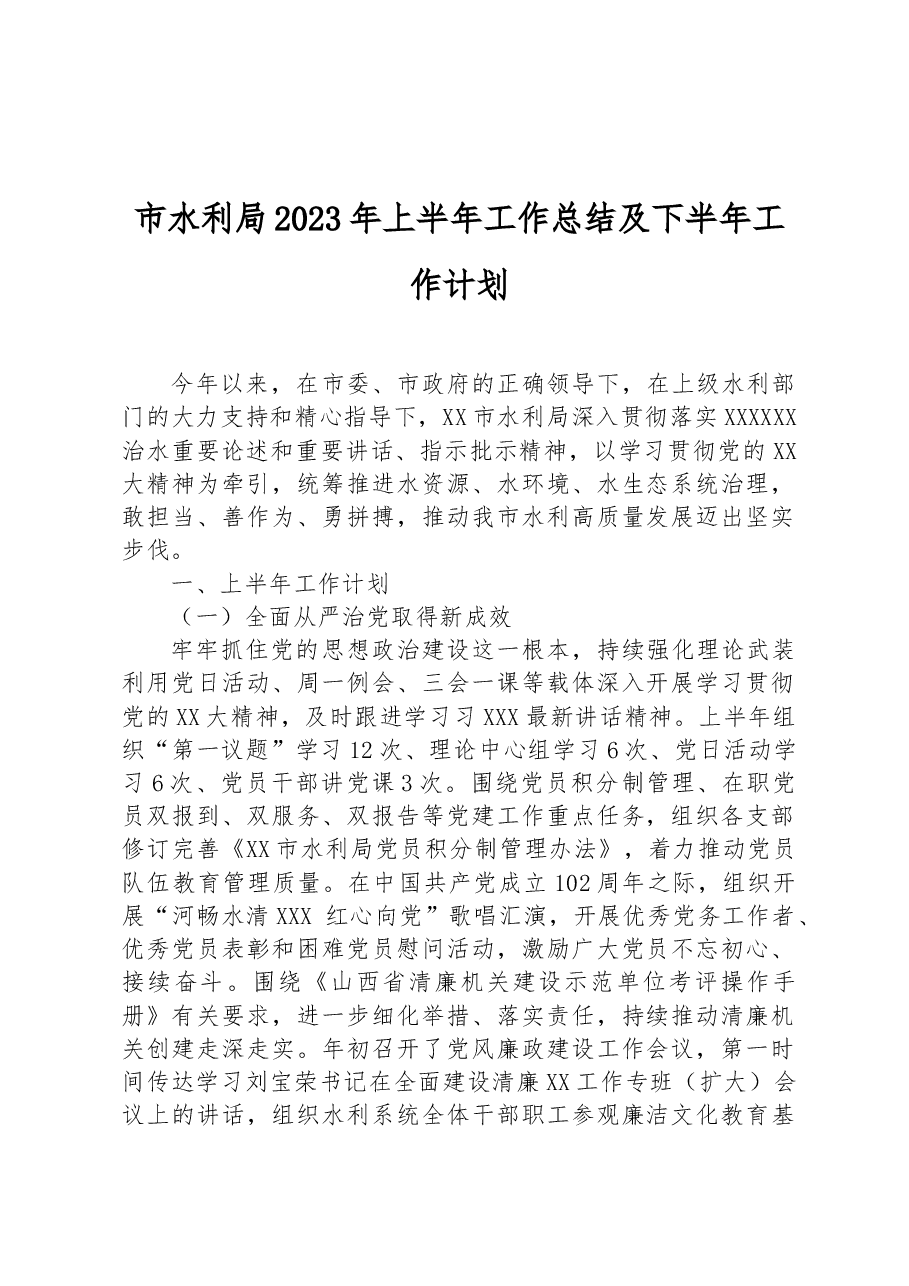 市水利局2023年上半年工作总结及下半年工作计划.docx,第1页预览