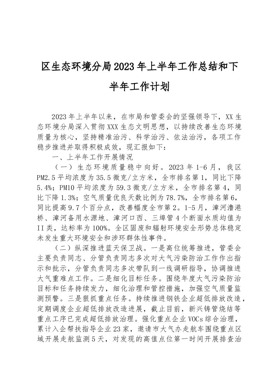 区生态环境分局2023年上半年工作总结和下半年工作计划.docx,第1页预览