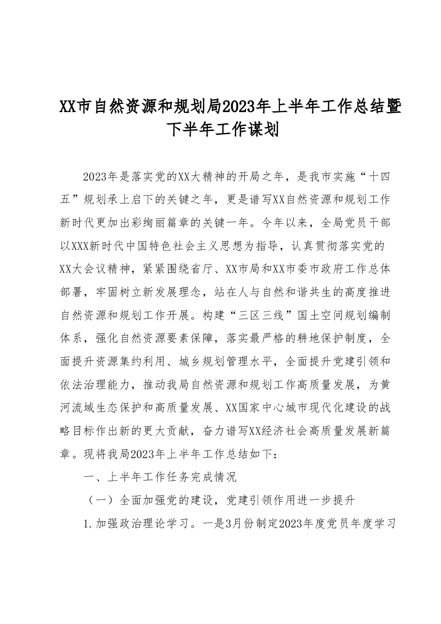 XX市自然资源和规划局2023年上半年工作总结暨下半年工作谋划.docx，第1页预览