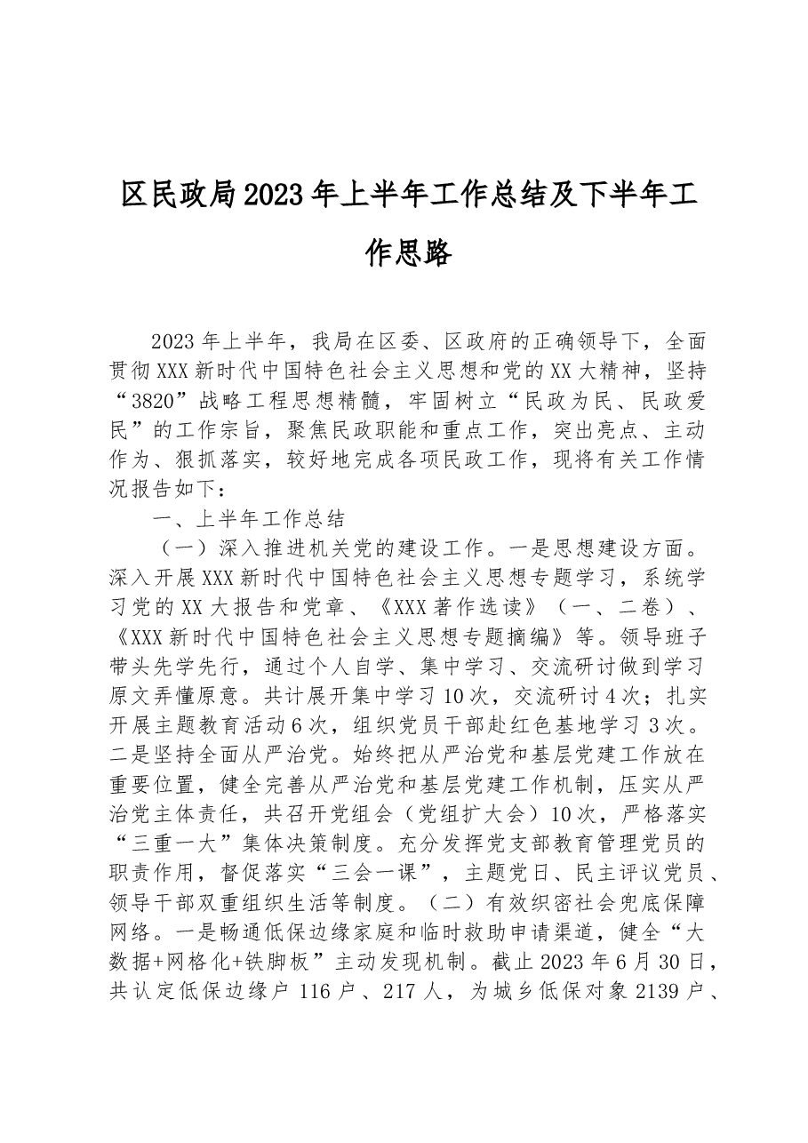 区民政局2023年上半年工作总结及下半年工作思路.docx,第1页预览