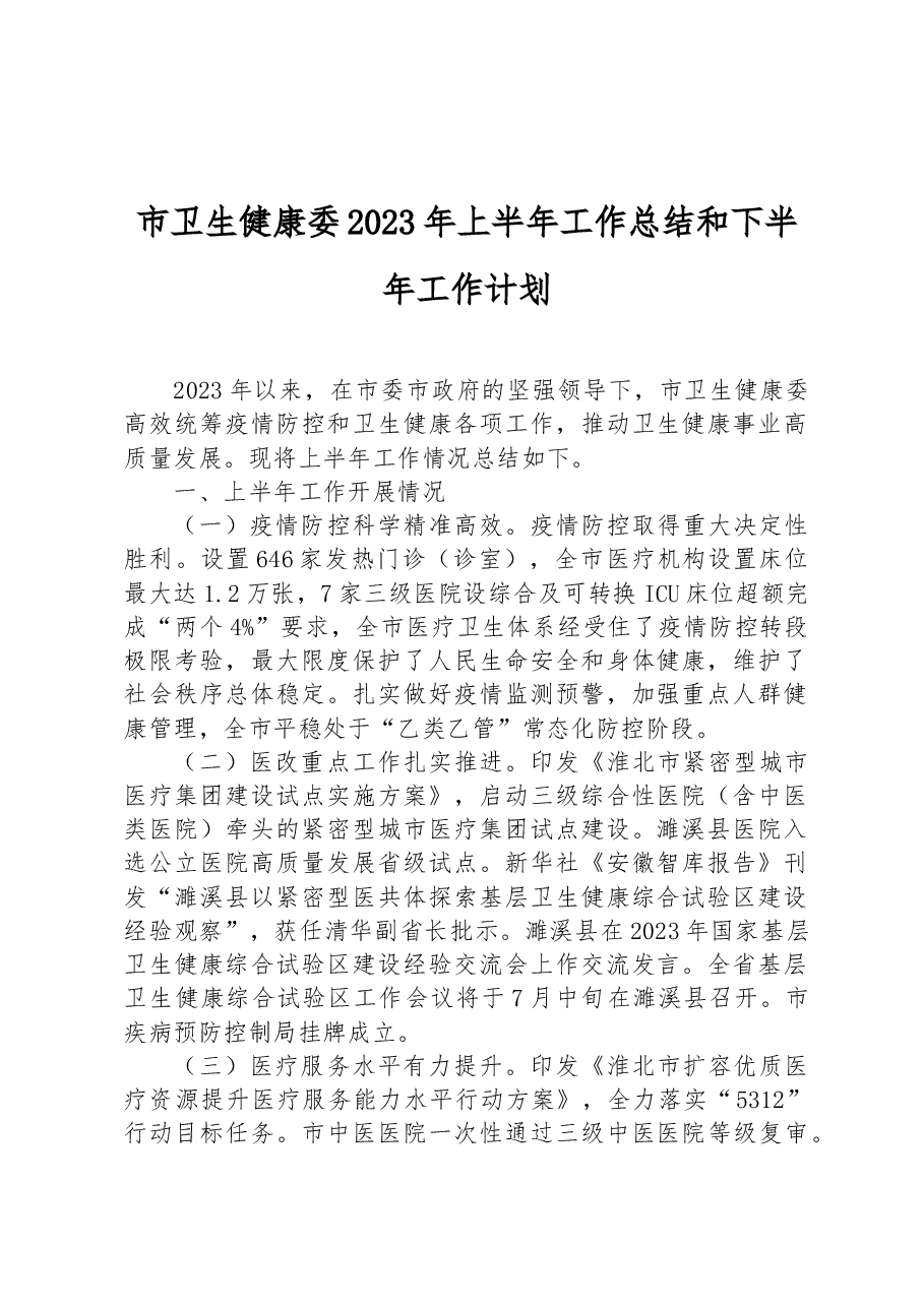 市卫生健康委2023年上半年工作总结和下半年工作计划.docx，第1页预览