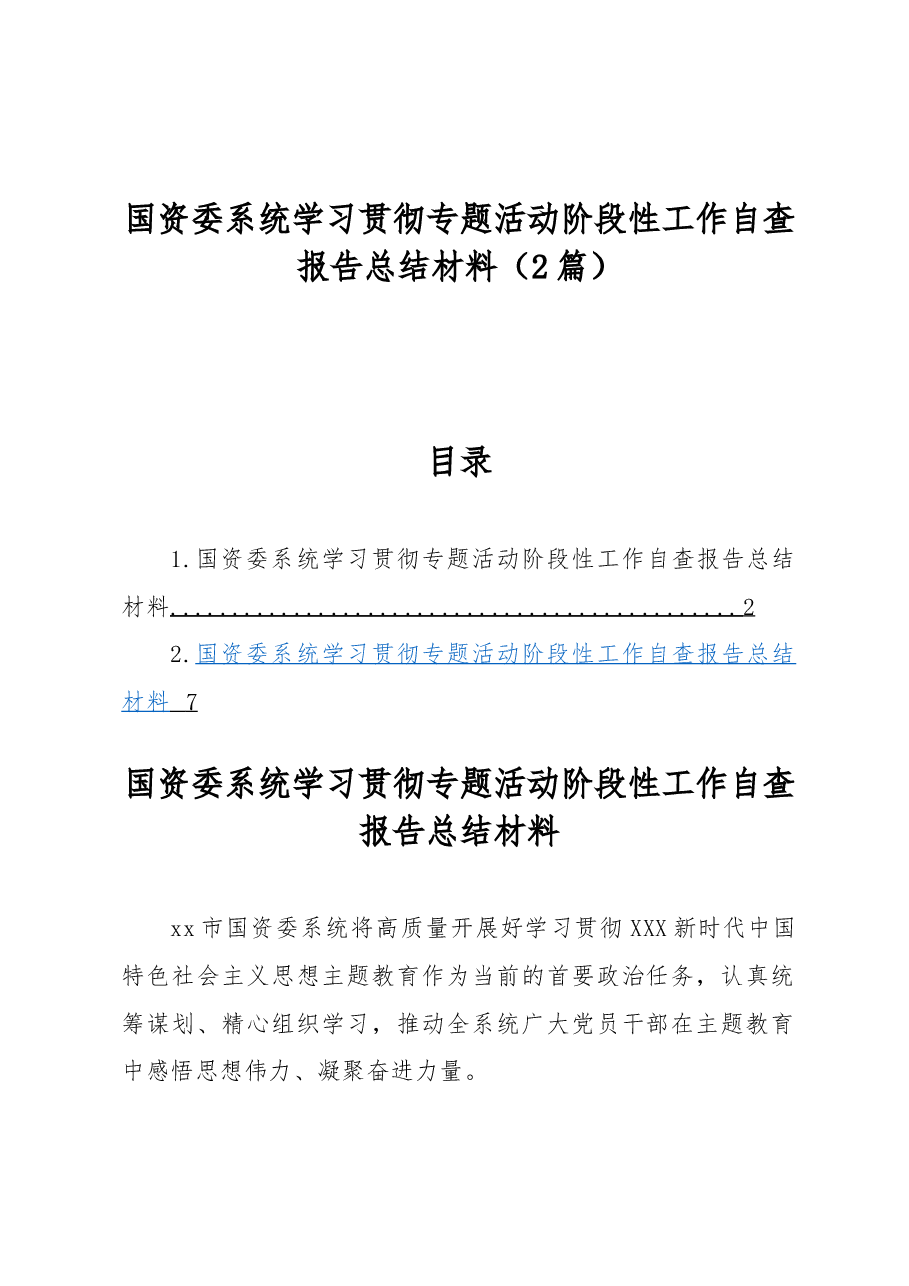 (2篇)国资委系统学习贯彻专题活动阶段性工作自查报告总结材料.docx,第1页预览