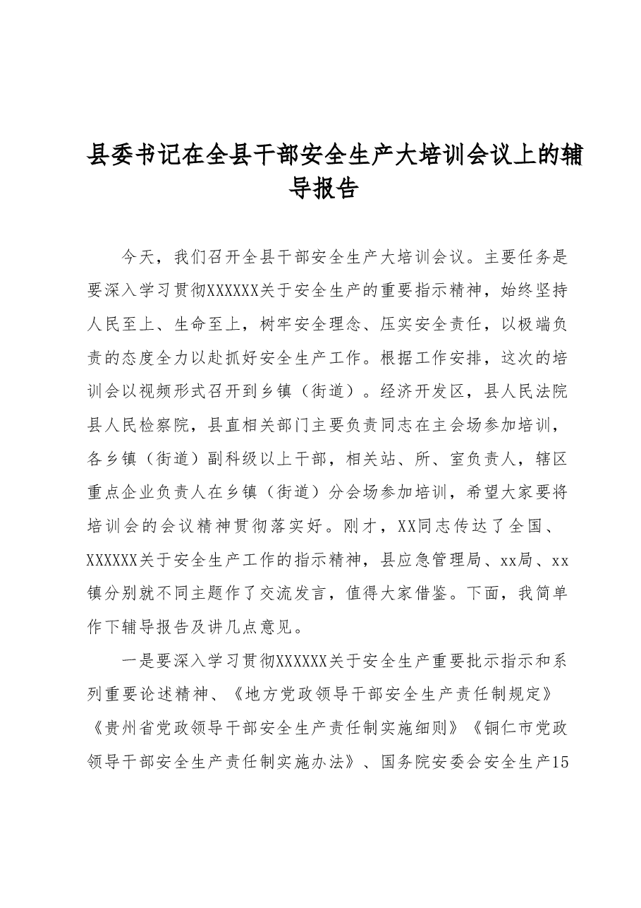 县委书记在全县干部安全生产大培训会议上的辅导报告.docx,第1页预览