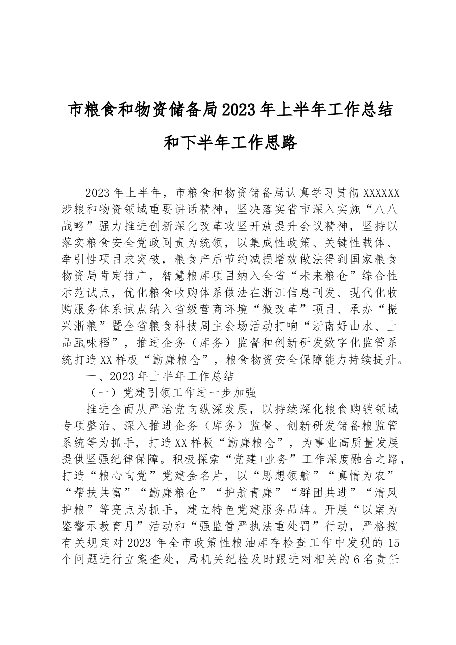 市粮食和物资储备局2023年上半年工作总结和下半年工作思路.docx,第1页预览