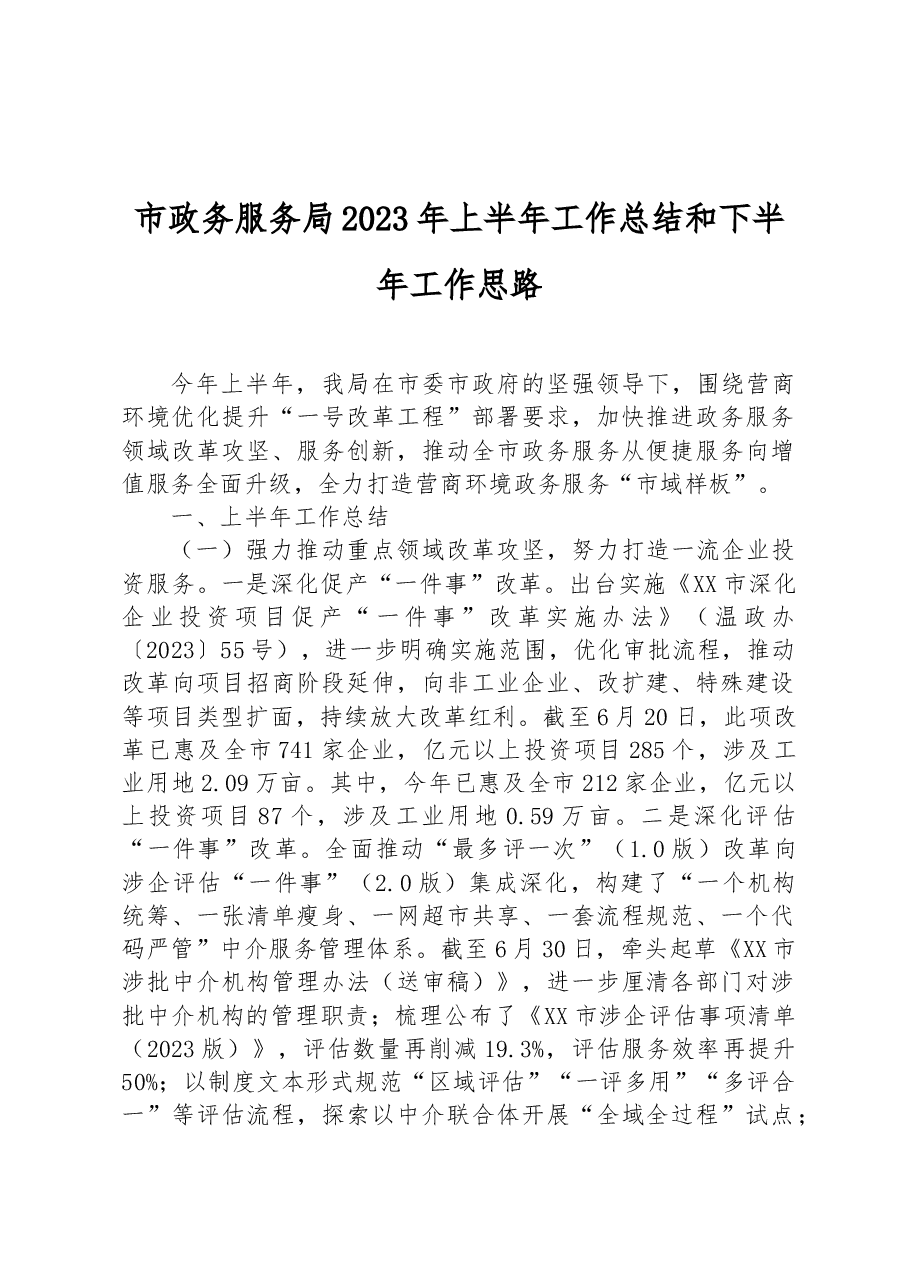 市政务服务局2023年上半年工作总结和下半年工作思路.docx,第1页预览
