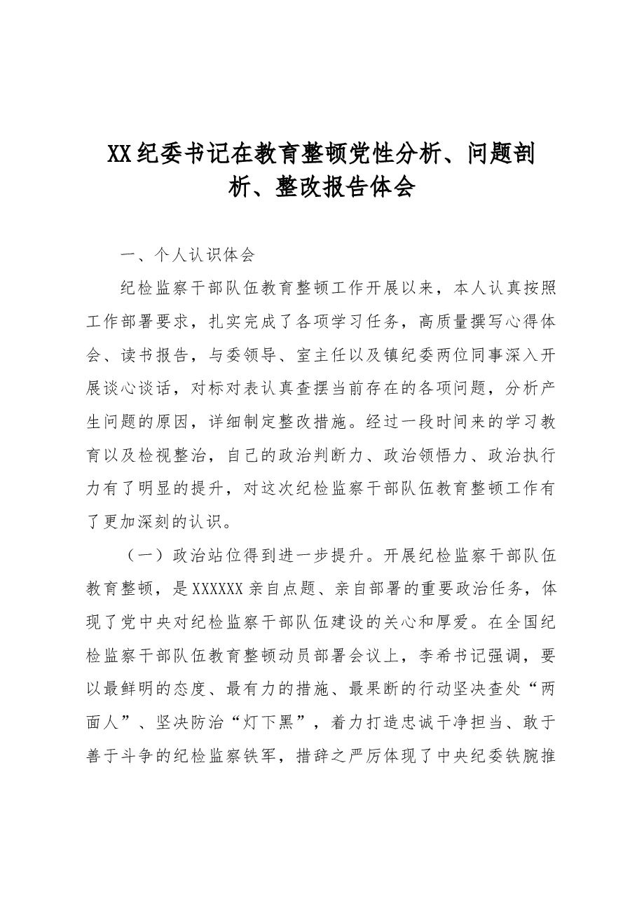 XX纪委书记在教育整顿党性分析、问题剖析、整改报告体会.docx,第1页预览
