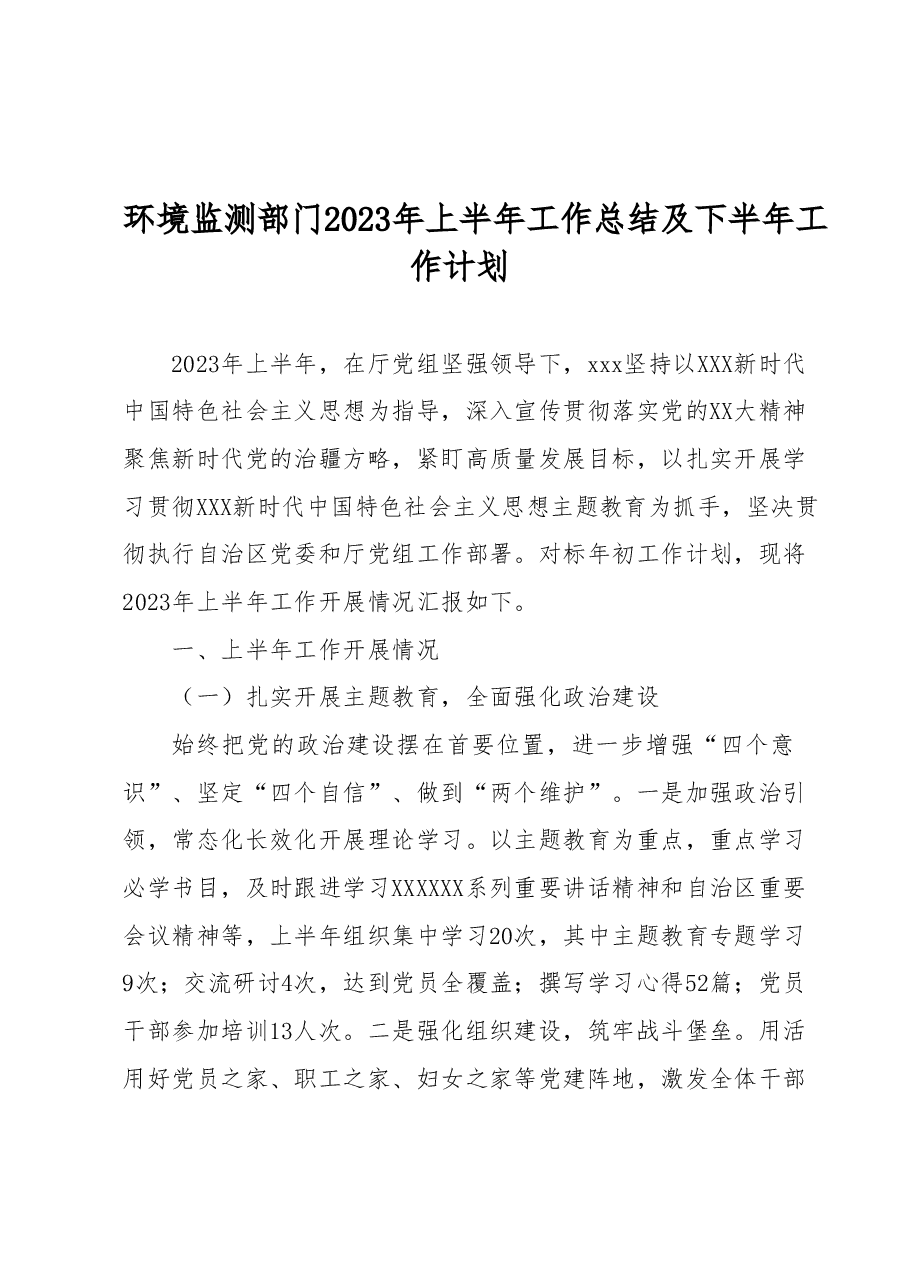 环境监测部门2023年上半年工作总结及下半年工作计划.docx,第1页预览