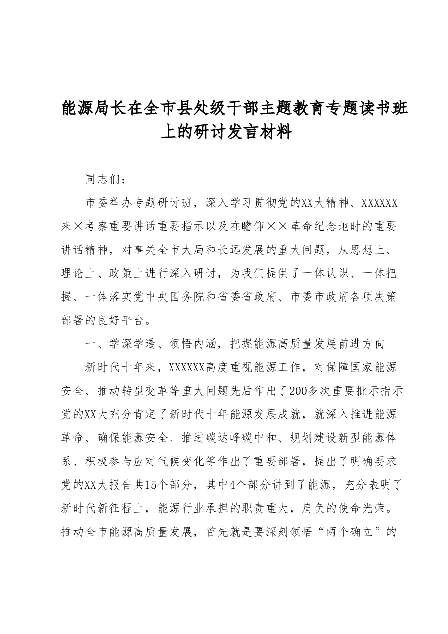能源局长在全市县处级干部主题教育专题读书班上的研讨发言材料.docx,第1页预览