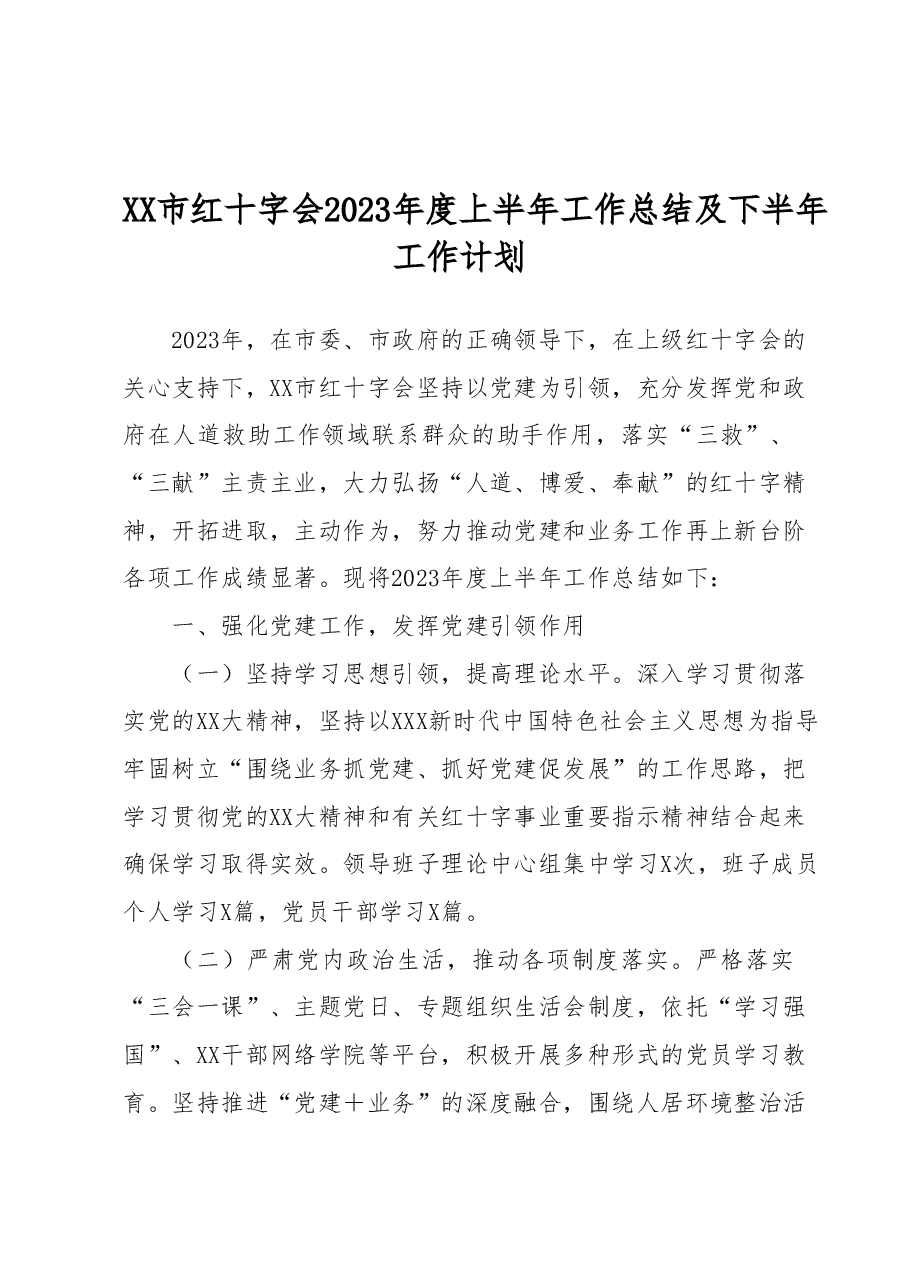 XX市红十字会2023年度上半年工作总结及下半年工作计划.docx,第1页预览