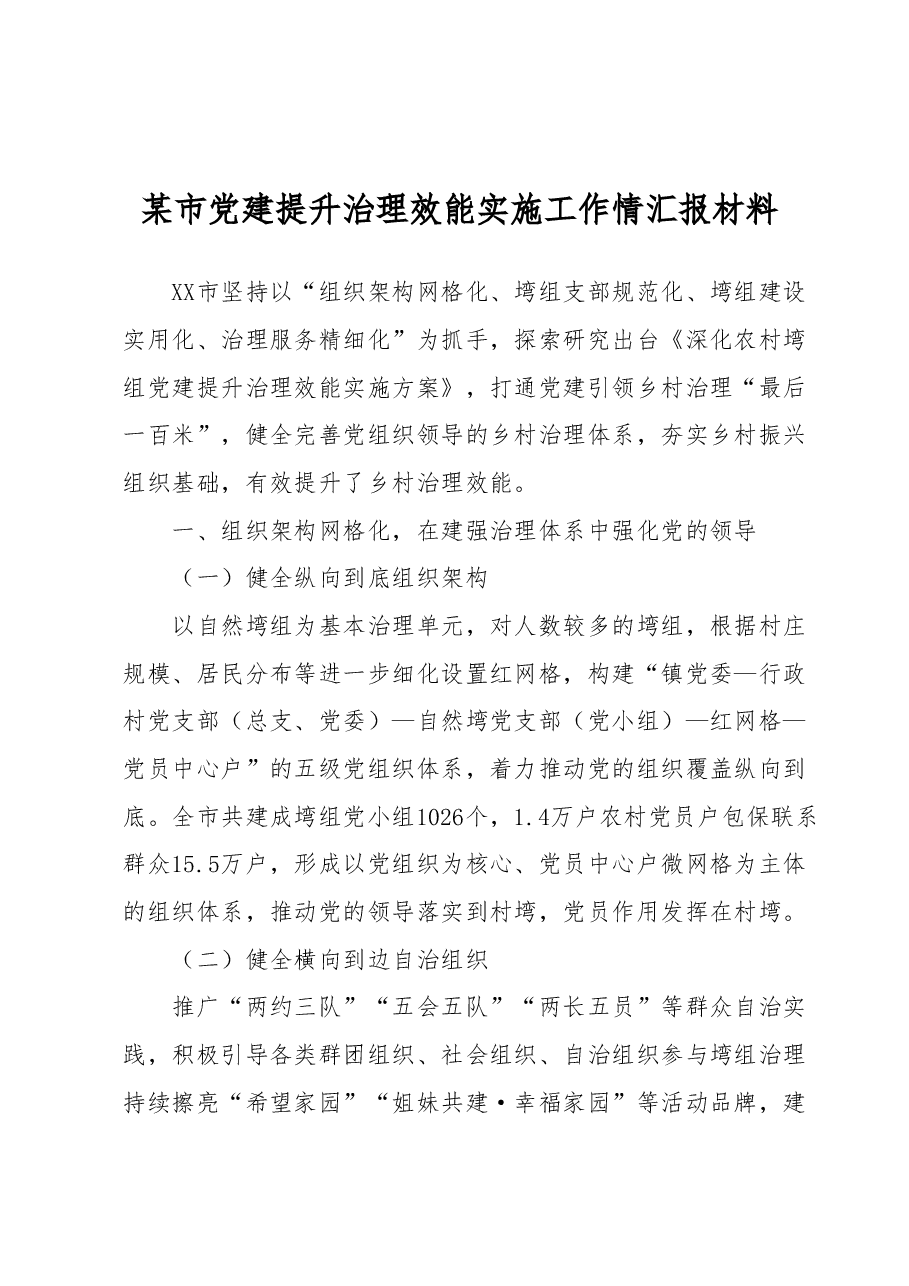 某市党建提升治理效能实施工作情汇报材料.docx,第1页预览