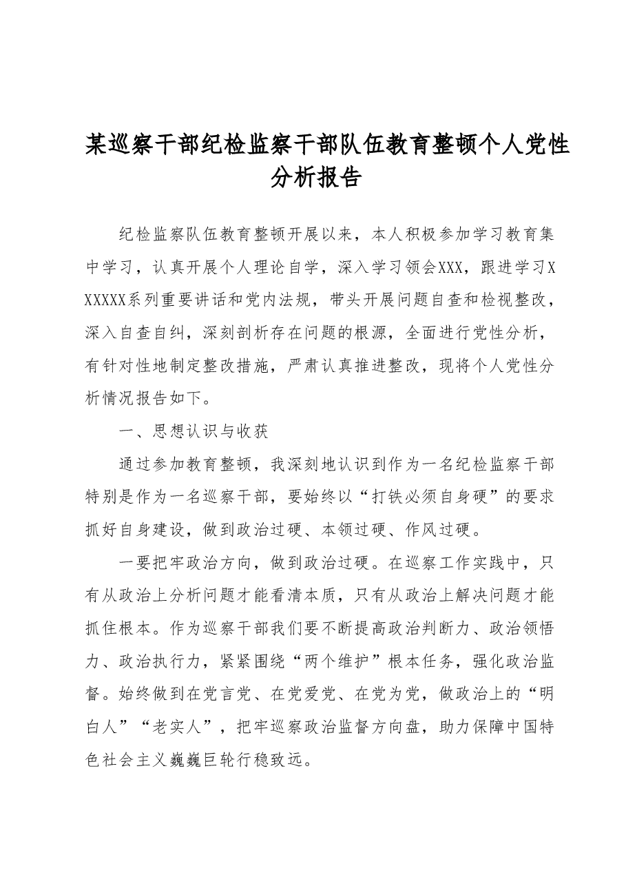 某巡察干部纪检监察干部队伍教育整顿个人党性分析报告.docx,第1页预览