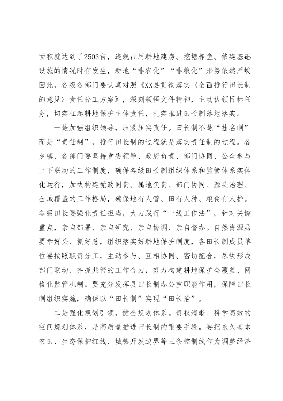 在全县耕地保护工作推进会议暨田长制、河长制、林长制全体会议上的讲话.docx,第2页预览