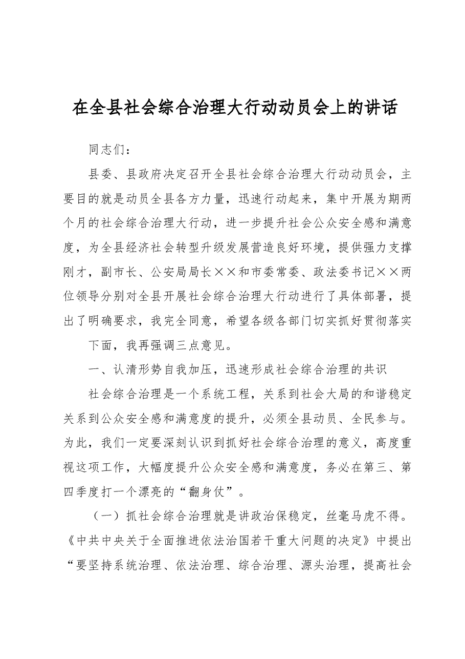 在全县社会综合治理大行动动员会上的讲话.docx,第1页预览