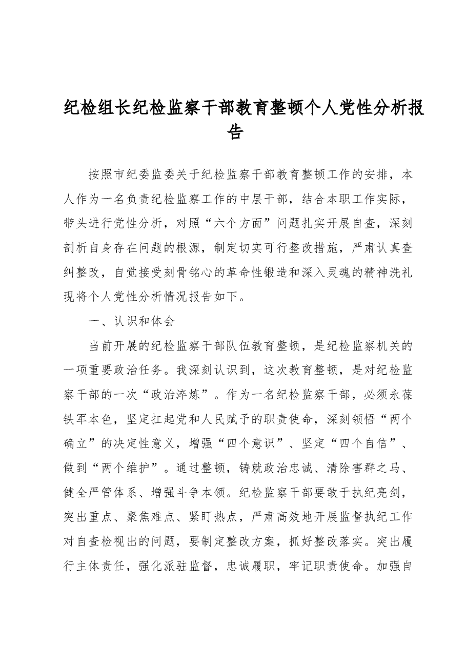 纪检组长纪检监察干部教育整顿个人党性分析报告.docx,第1页预览