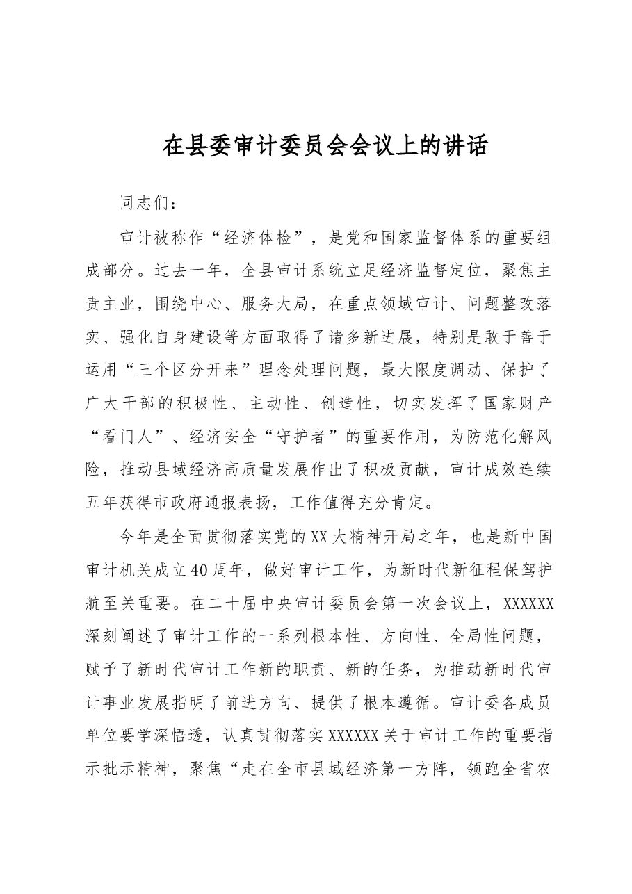 在县委审计委员会会议上的讲话.docx,第1页预览