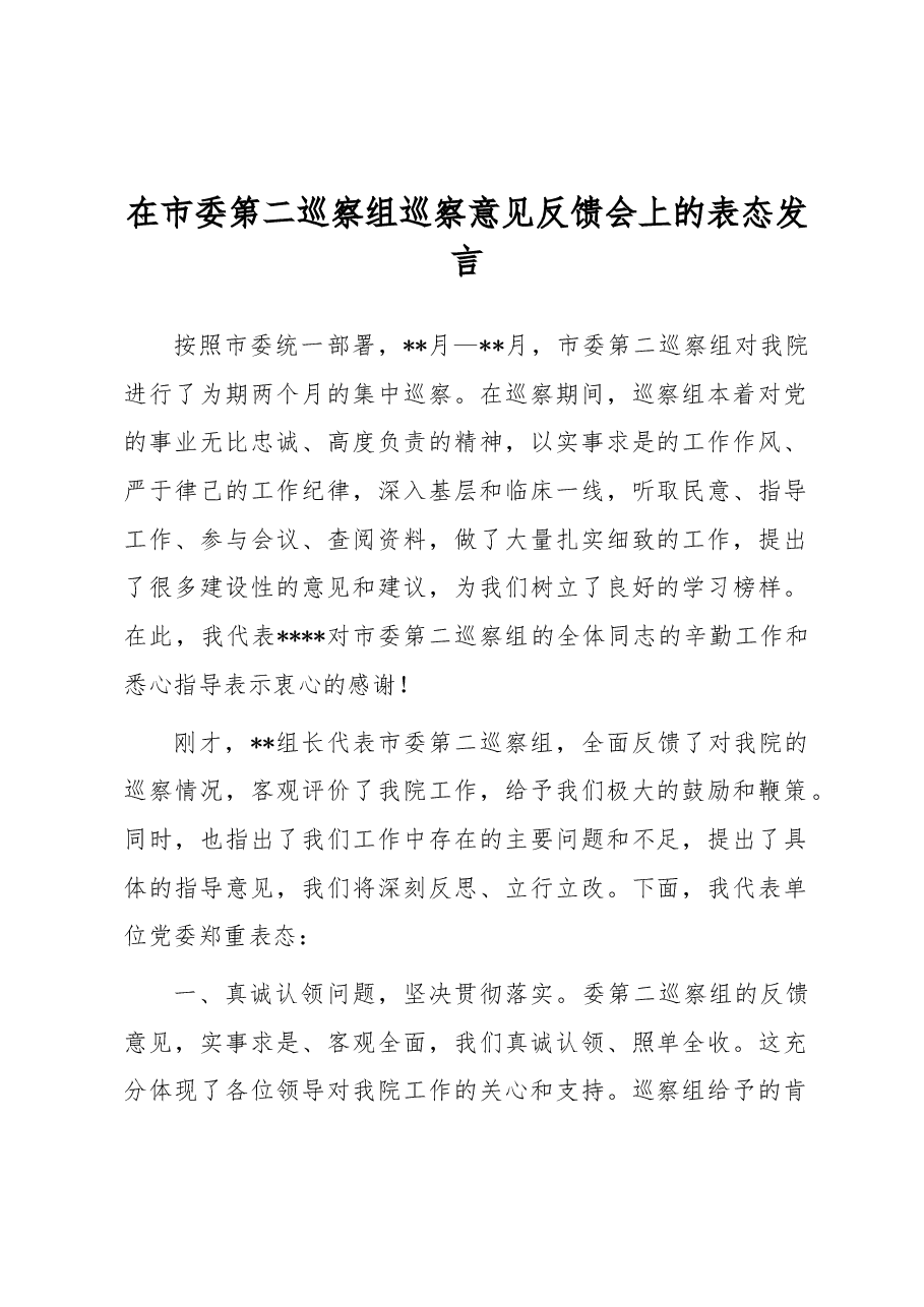 在市委第二巡察组巡察意见反馈会上的表态发言.docx,第1页预览
