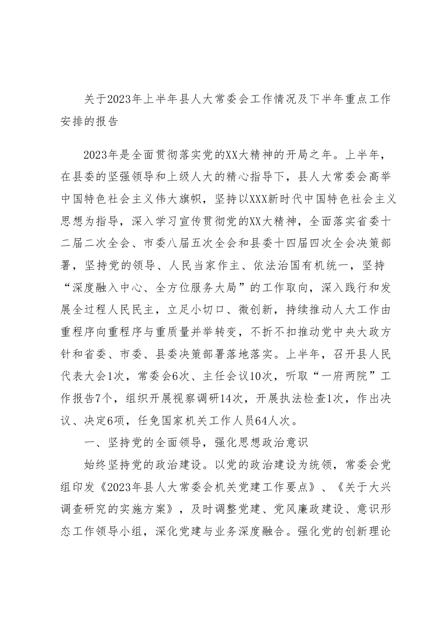 关于2023年上半年县人大常委会工作情况及下半年重点工作安排的报告.docx,第1页预览