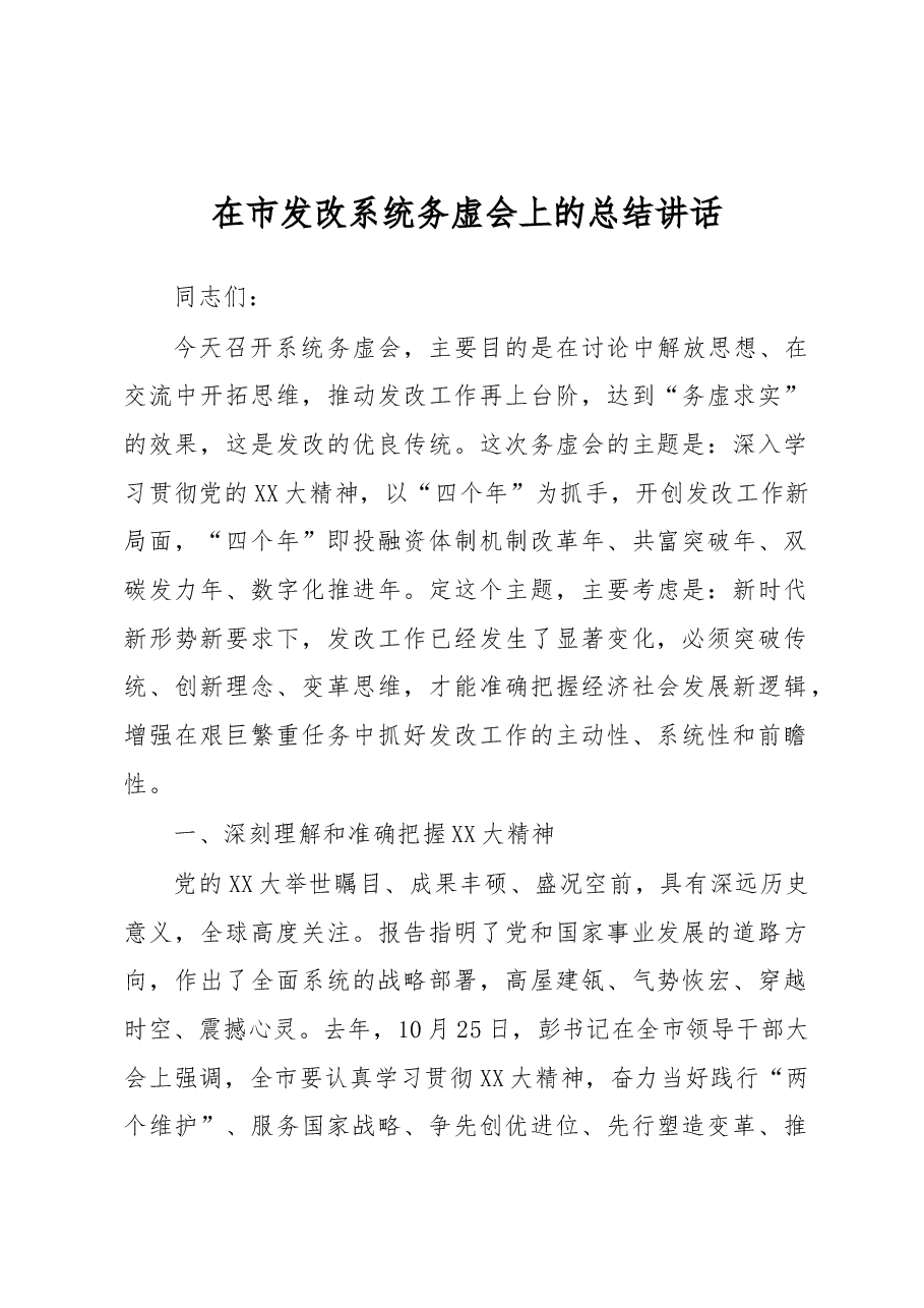 在市发改系统务虚会上的总结讲话.docx,第1页预览