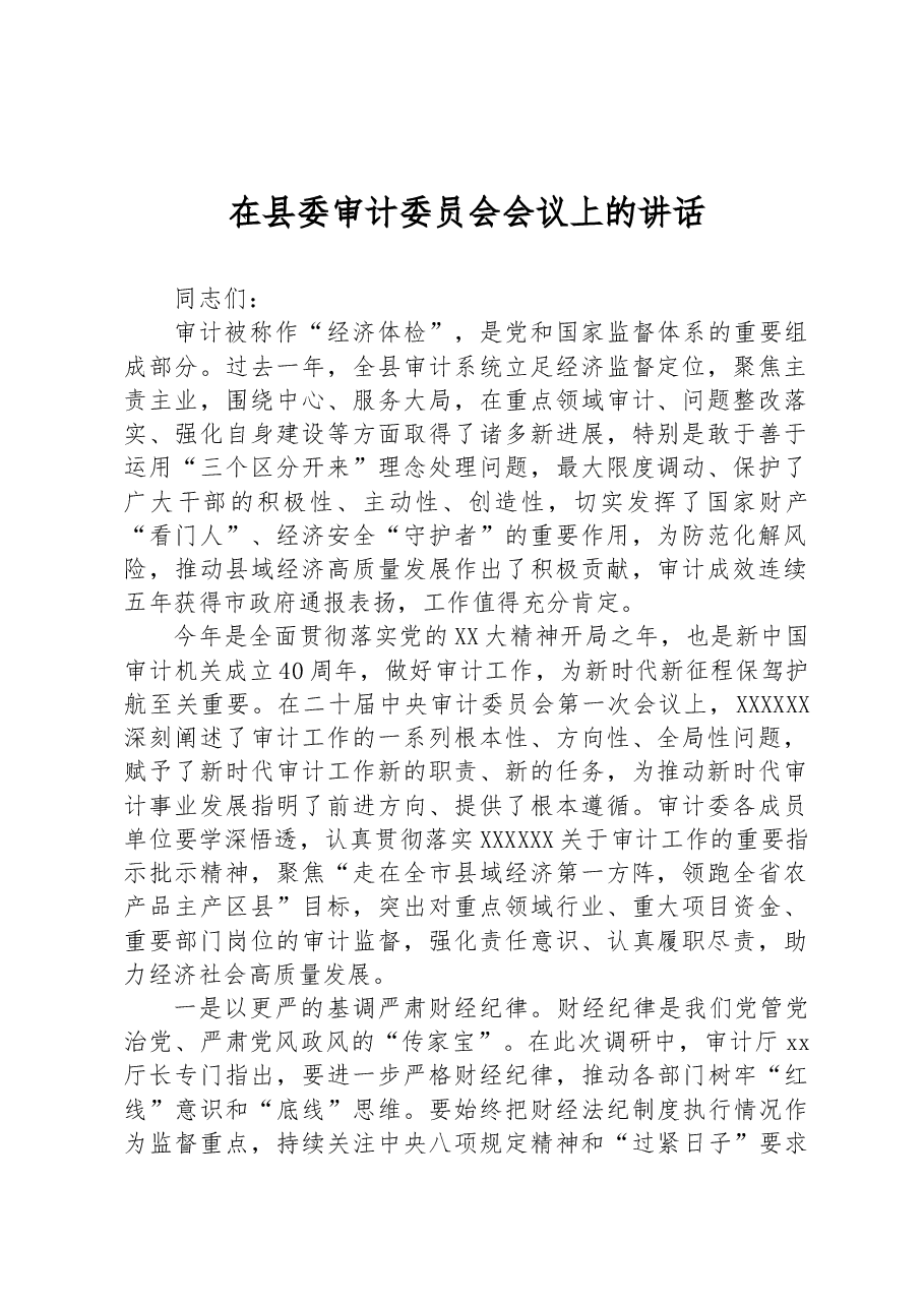 2023年在县委审计委员会会议上的讲话.docx,第1页预览