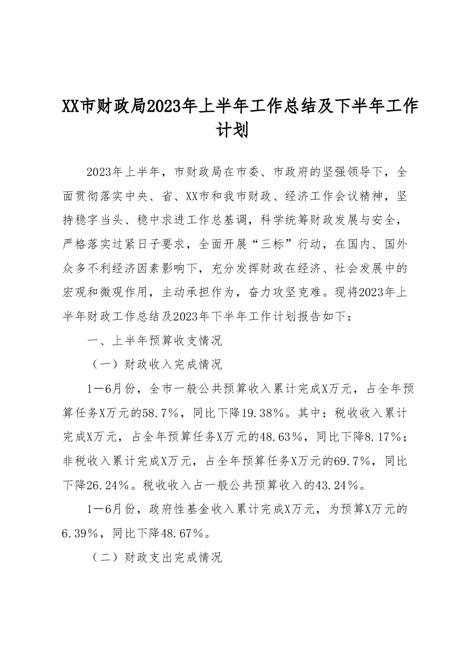 XX市财政局2023年上半年工作总结及下半年工作计划.docx,第1页预览