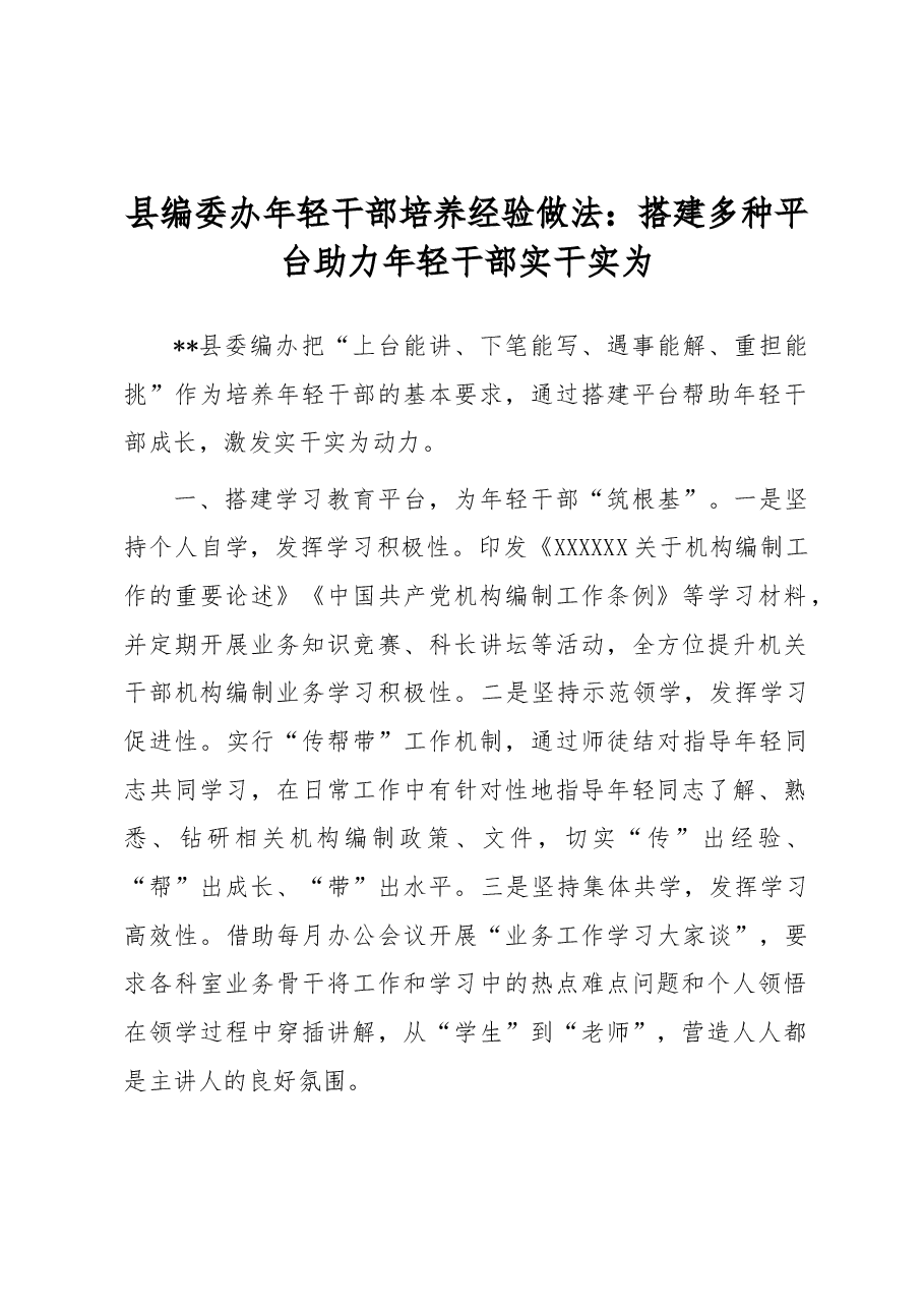 县编委办年轻干部培养经验做法:搭建多种平台助力年轻干部实干实为.docx,第1页预览