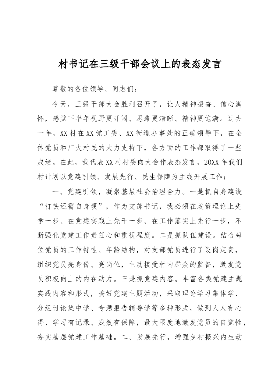 村书记在三级干部会议上的表态发言.docx,第1页预览