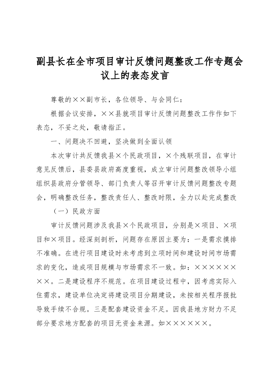 副县长在全市项目审计反馈问题整改工作专题会议上的表态发言.docx,第1页预览