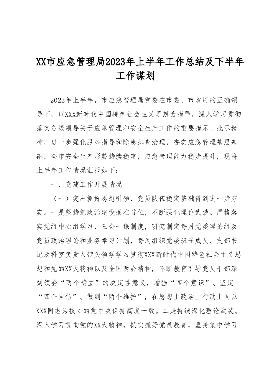XX市应急管理局2023年上半年工作总结及下半年工作谋划.docx,第1页预览
