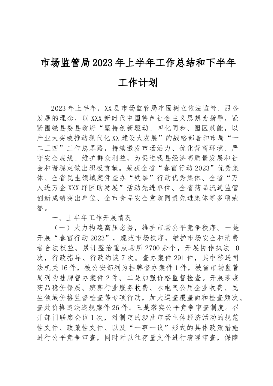市场监管局2023年上半年工作总结和下半年工作计划.docx,第1页预览