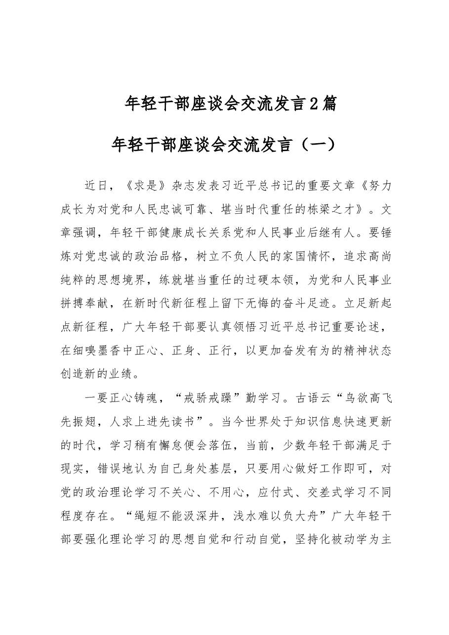 年轻干部座谈会交流发言2篇.docx,第1页预览
